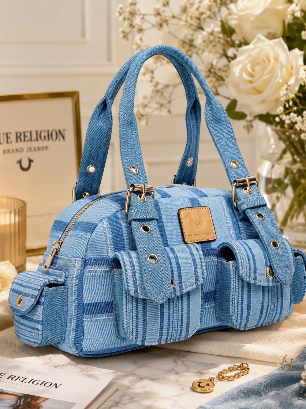 True Religion Light Blue Striped Denim Handbag – New With Tags